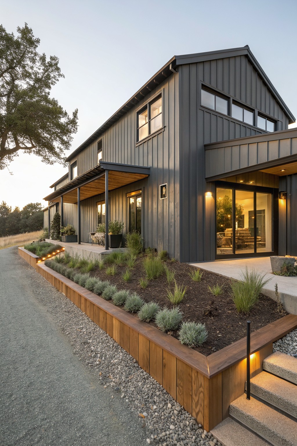 A modern barn-style house with dark vertical metal siding, large windows, and a raised wooden planter bed along the gravel path and concrete steps.