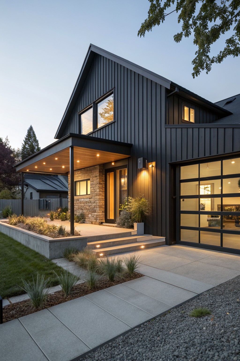 Modern barn-style house exterior with dark vertical siding, stone entry wall, covered porch with wood ceiling, and glass garage door.