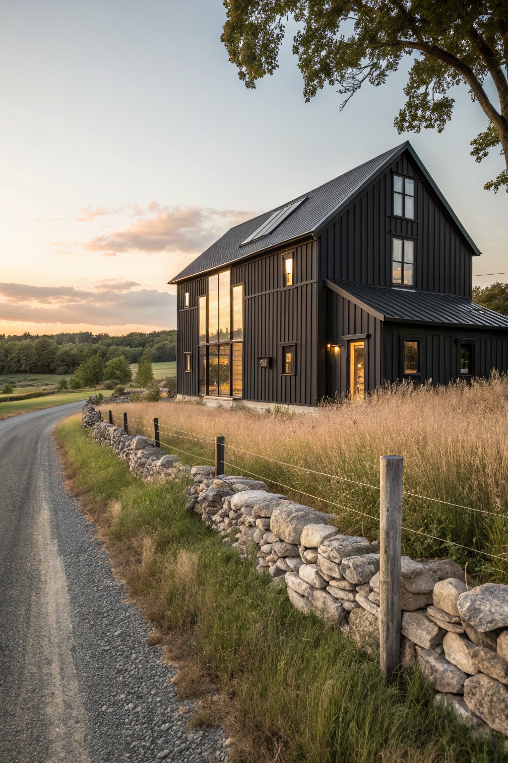 Modern black barn house with stone wall along rural gravel road at sunset