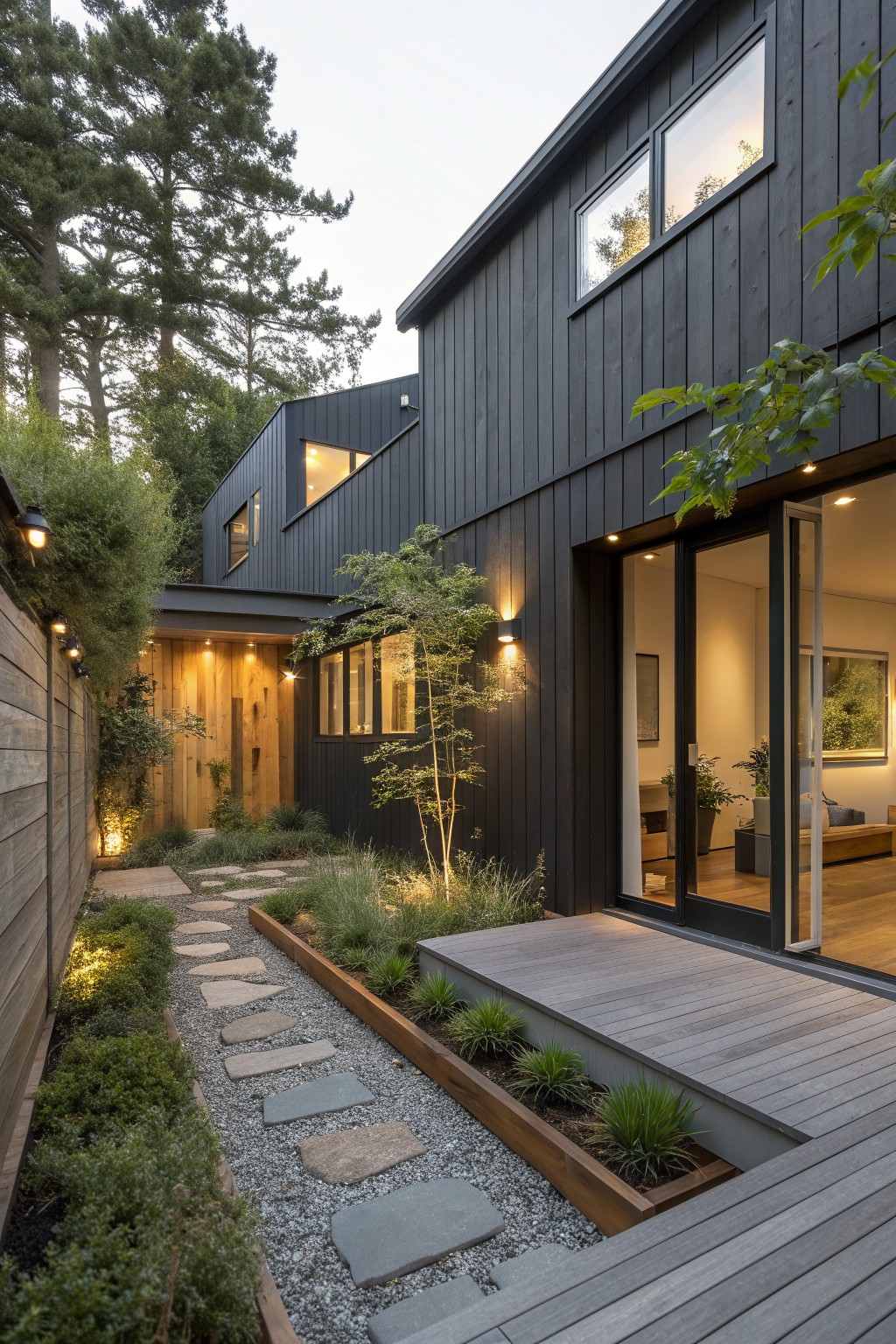 Modern dark wood house with wooden deck, glass doors, and illuminated garden path