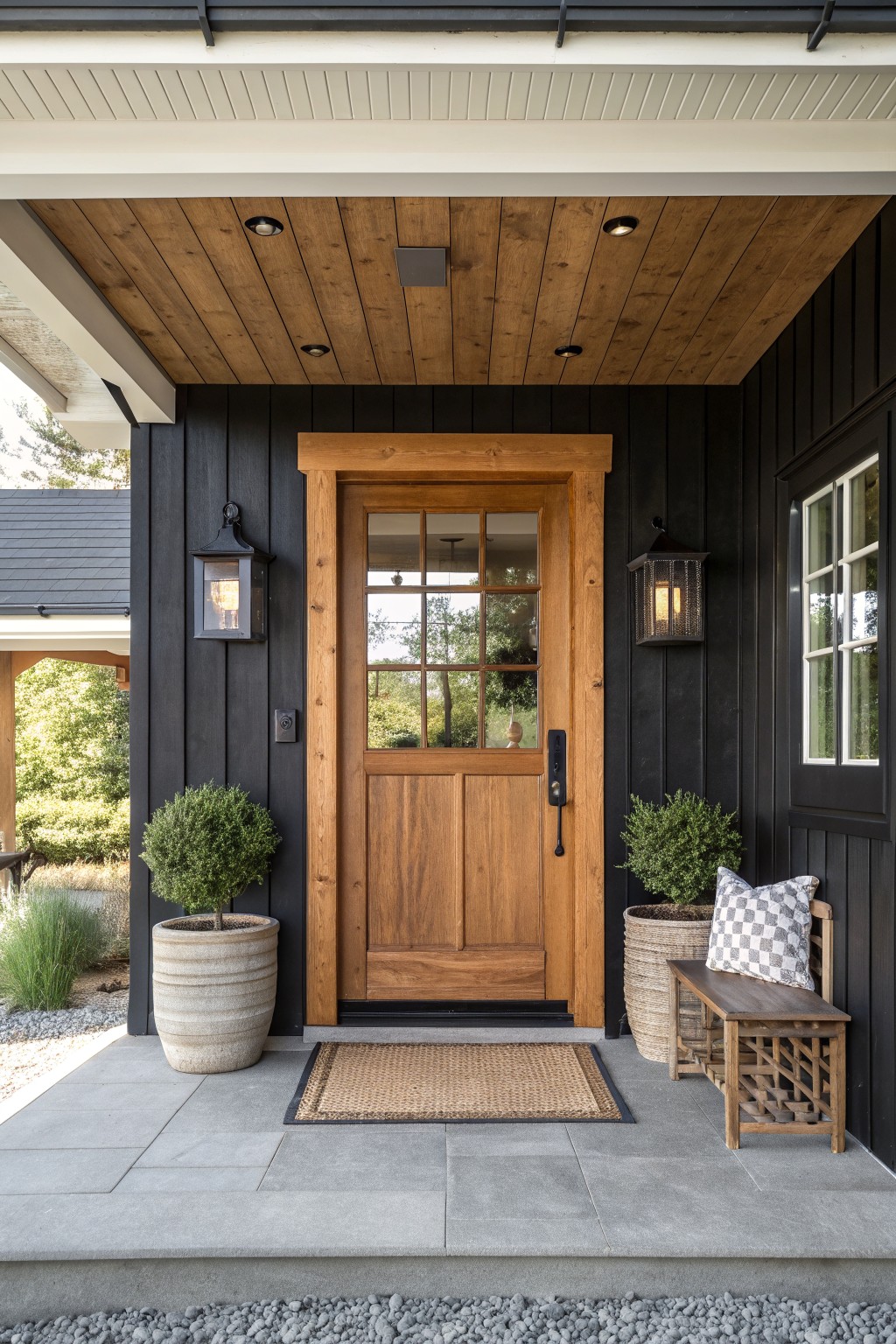 A black house exterior with a centered wooden front door, two wall lanterns, potted shrubs, and a small bench on a stone porch.