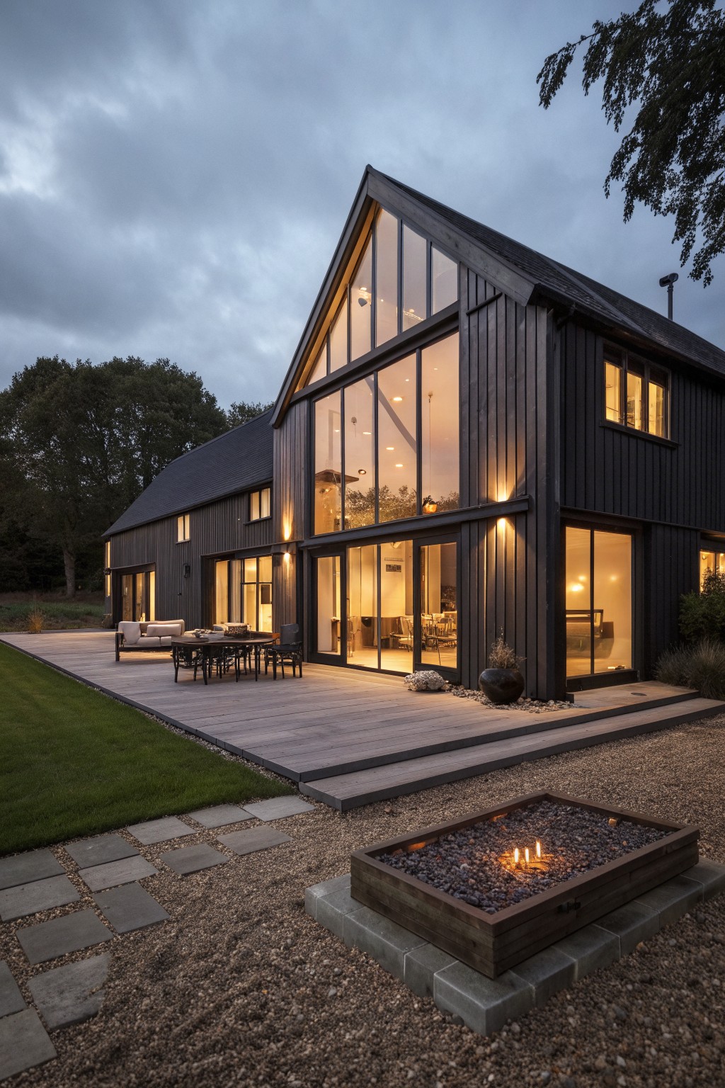A modern black barn-style house with large glass windows, a wooden deck, and a fire pit area in the foreground at dusk.