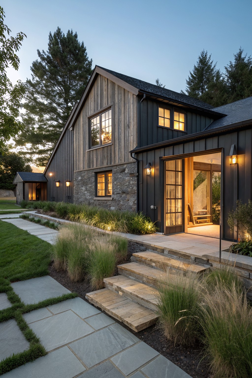 A two-story barn-style house with dark vertical siding, a stone foundation section, multiple lit windows, and an open front door at dusk.