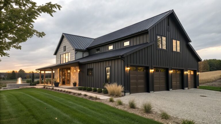 19 Polished Barn-Inspired Farmhouse Exteriors That Feel Modern Rather Than Rustic-Heavy Modern black house with glowing windows, two garages, and covered porch at dusk