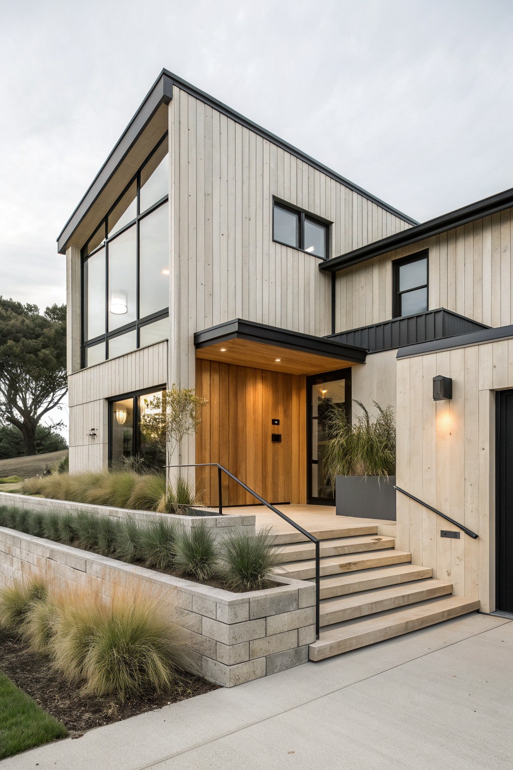 Modern two-story home with light wood siding, large windows, and entry stairs.