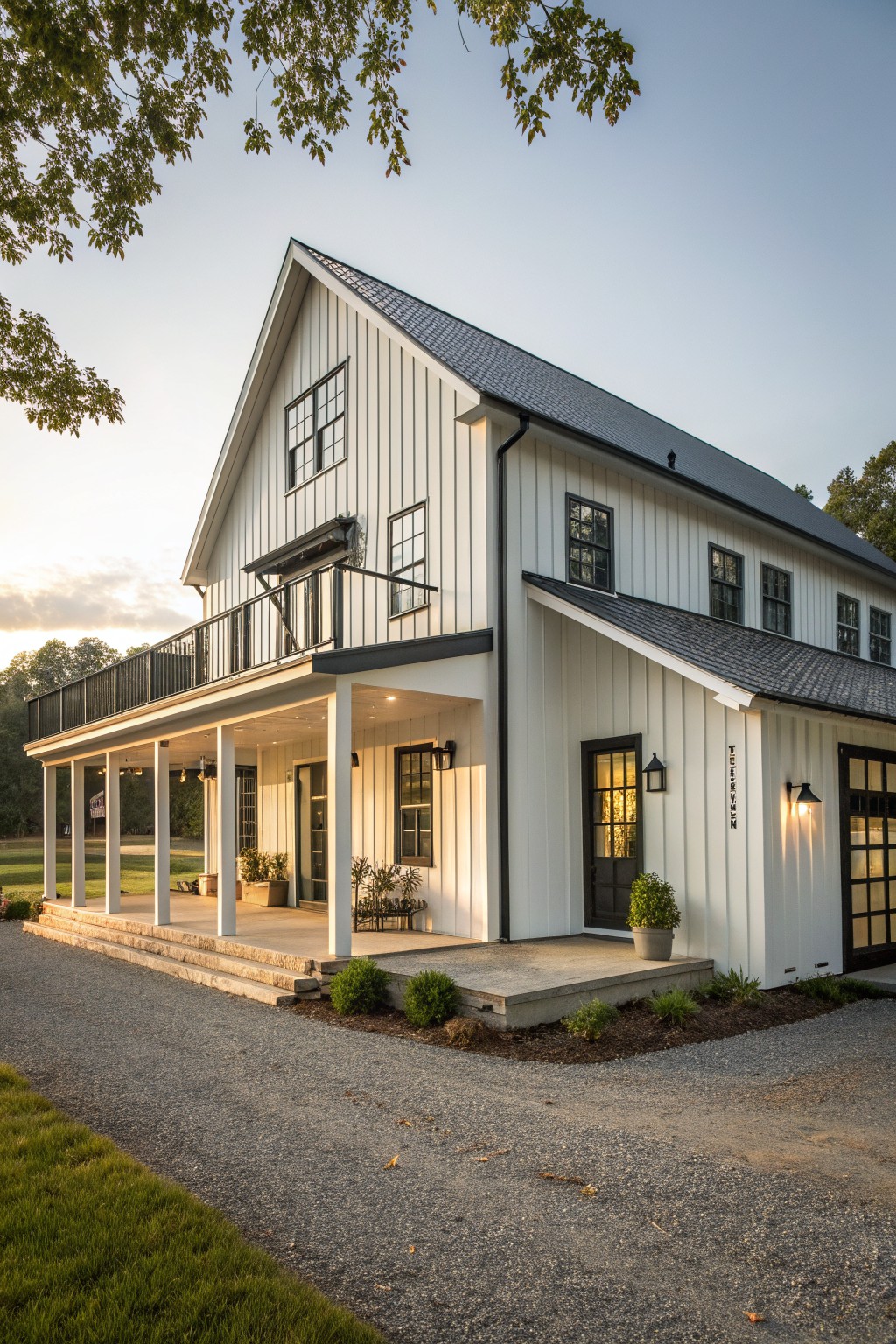 White two-story barn-style house with vertical siding, black trim, a wide covered porch, and an upper-level balcony.
