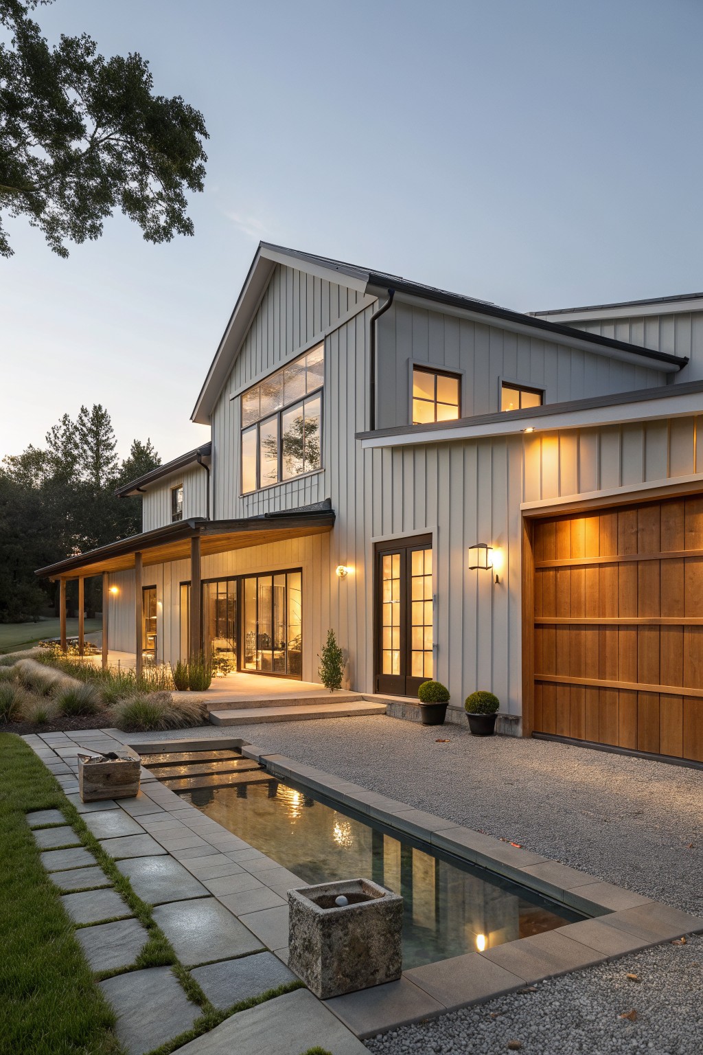 Modern gray house with large glowing windows, wooden garage, and reflecting pool at dusk.