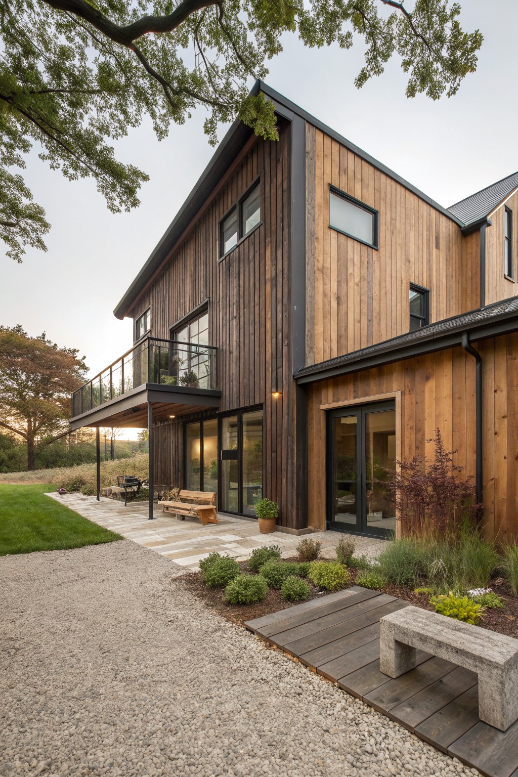 Modern wooden house with balcony, large windows, patio, and garden landscaping.