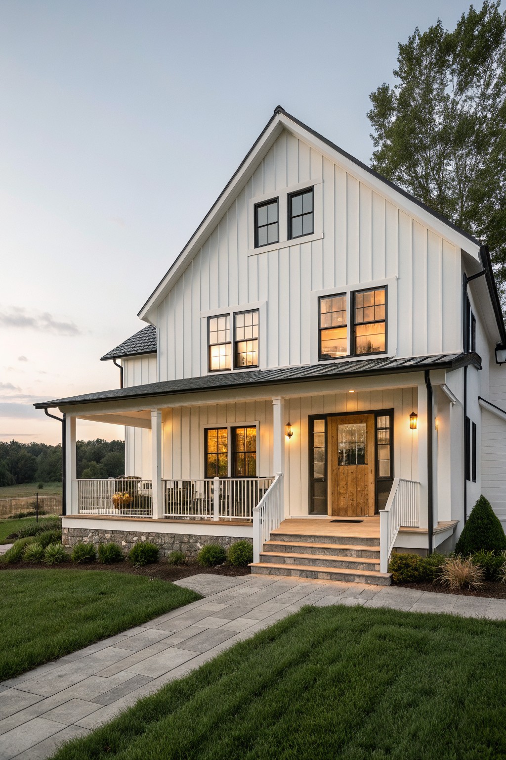 A two-story white house with vertical siding, black-framed windows, a wooden front door, and a covered porch with steps.