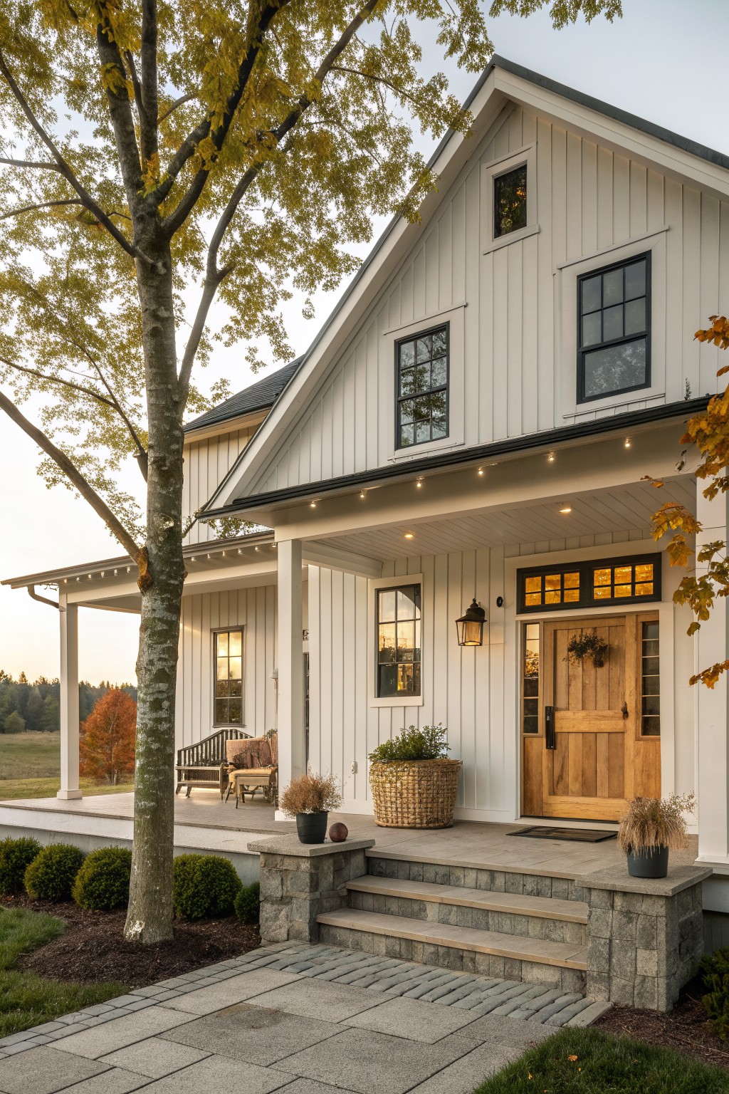 Front view of a white vertical-siding farmhouse with black-framed windows, a natural wood door, and a covered porch.
