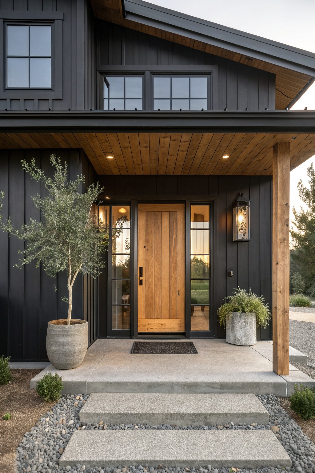 Front view of a modern farmhouse with black siding, a centered wooden door with black frame and glass sidelights, wooden porch ceiling, concrete steps, and two large potted plants on the porch.