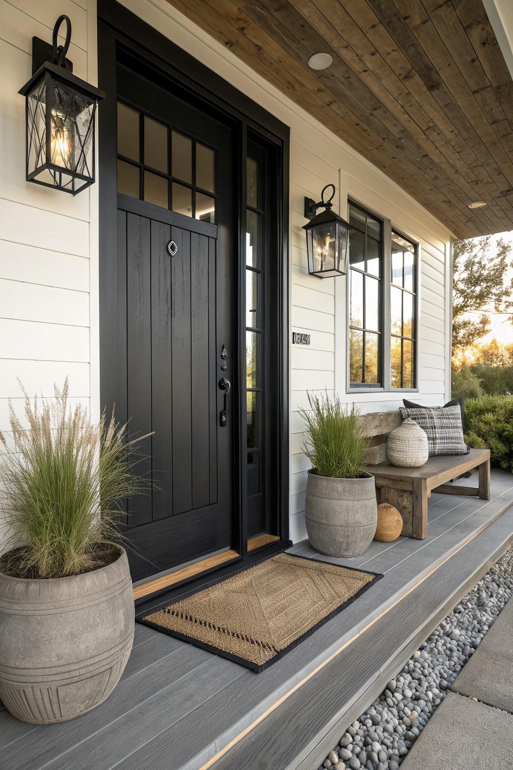 Black door on white porch with lanterns, plants, doormat, and wooden bench