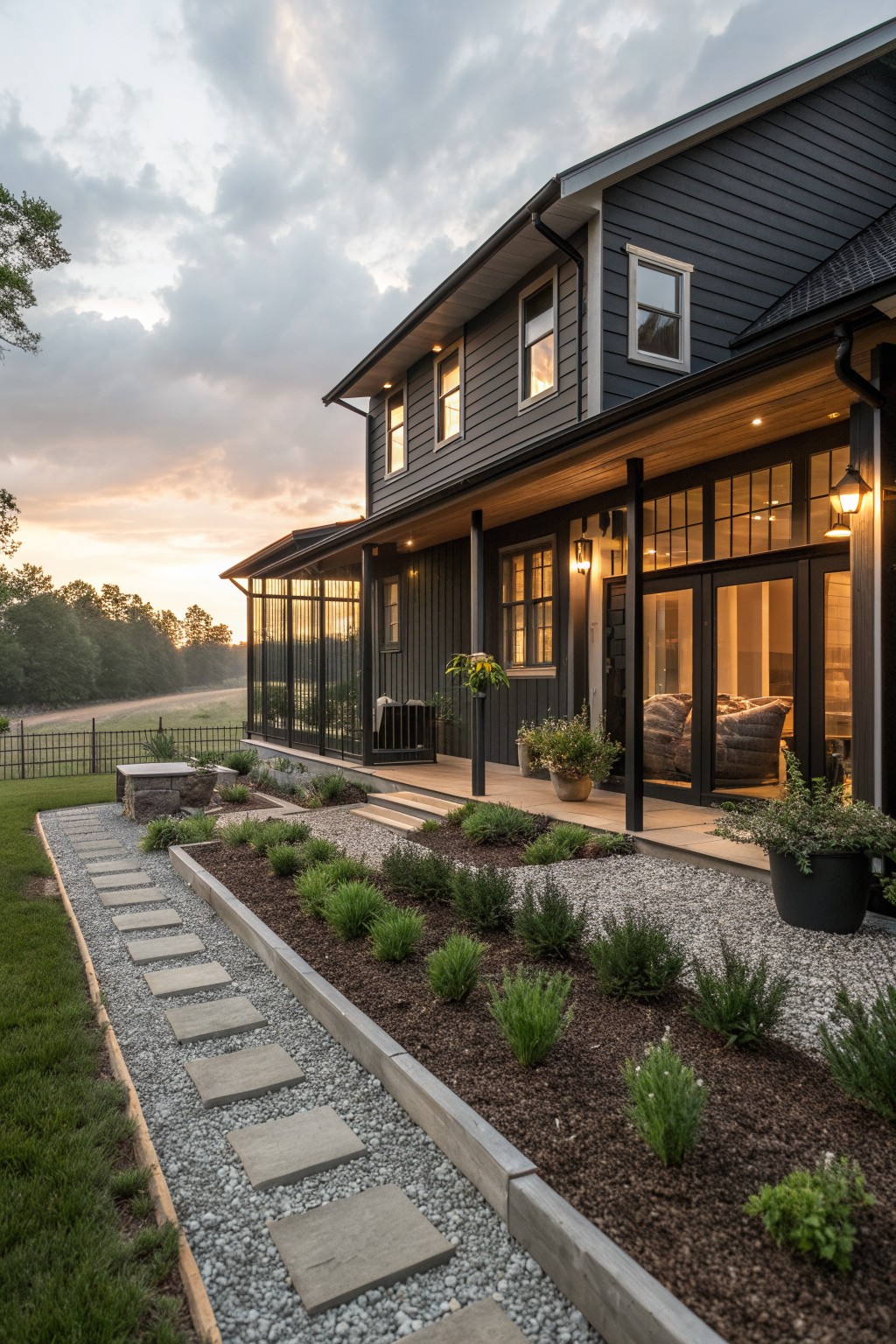 Modern dark house with lit porch, windows, and stone path through garden beds at dusk.