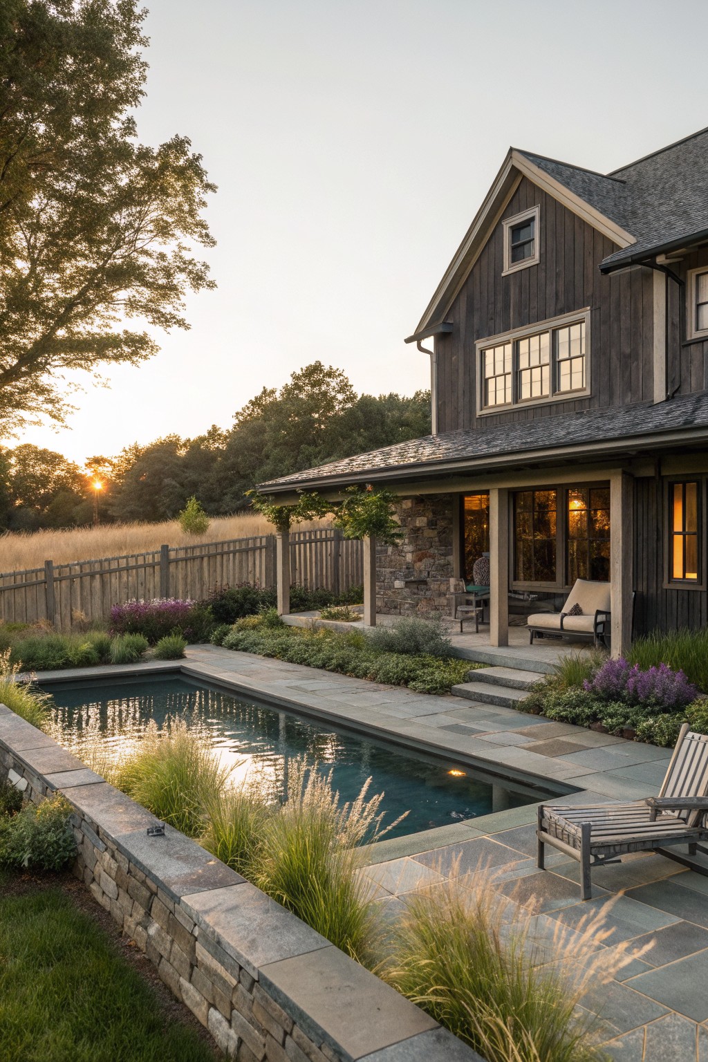 Stone patio with pool, lounge chairs, and dark wooden house at sunset