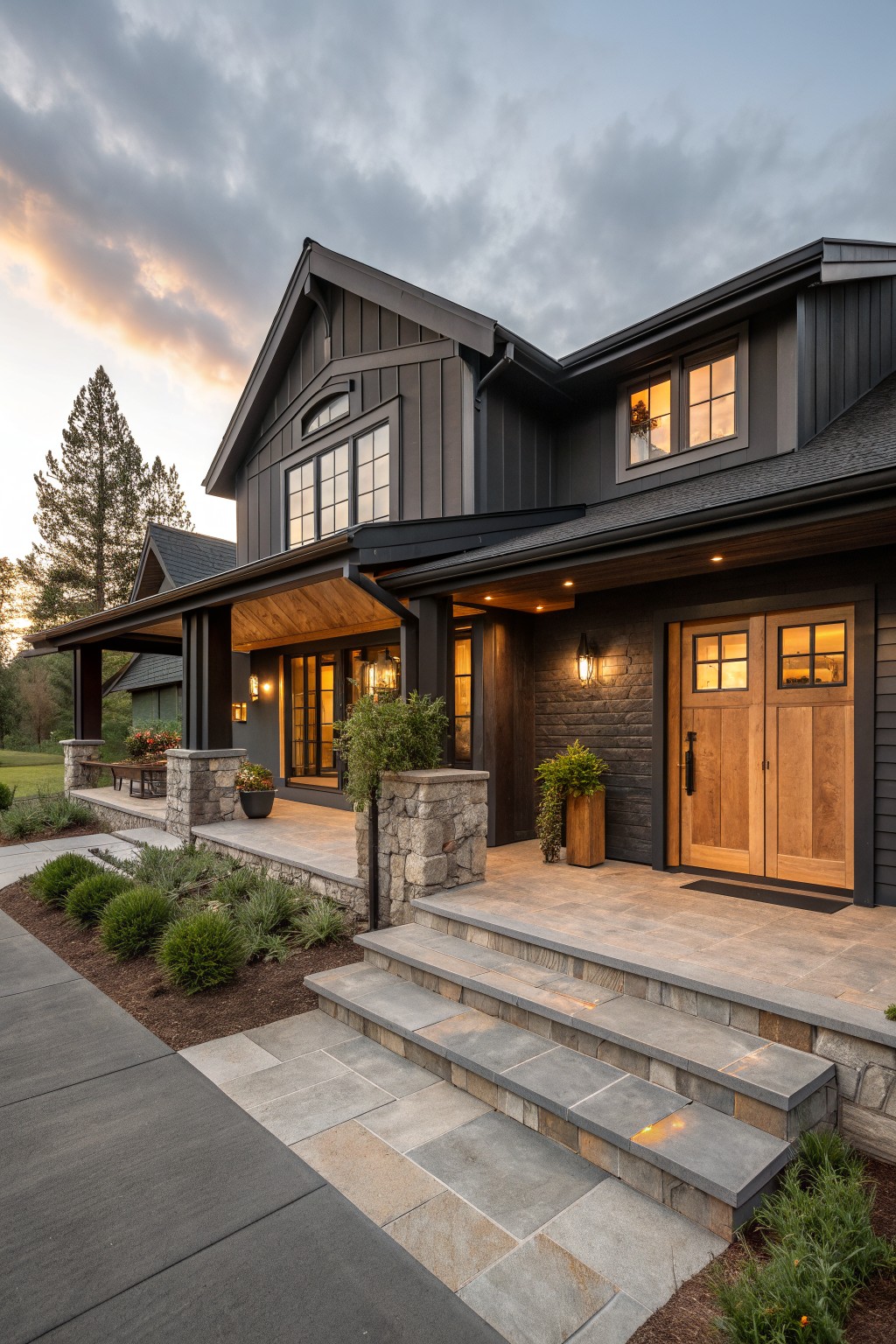 Front view of a dark modern farmhouse exterior featuring wood double doors, stone pillars, a covered porch, and stone steps.