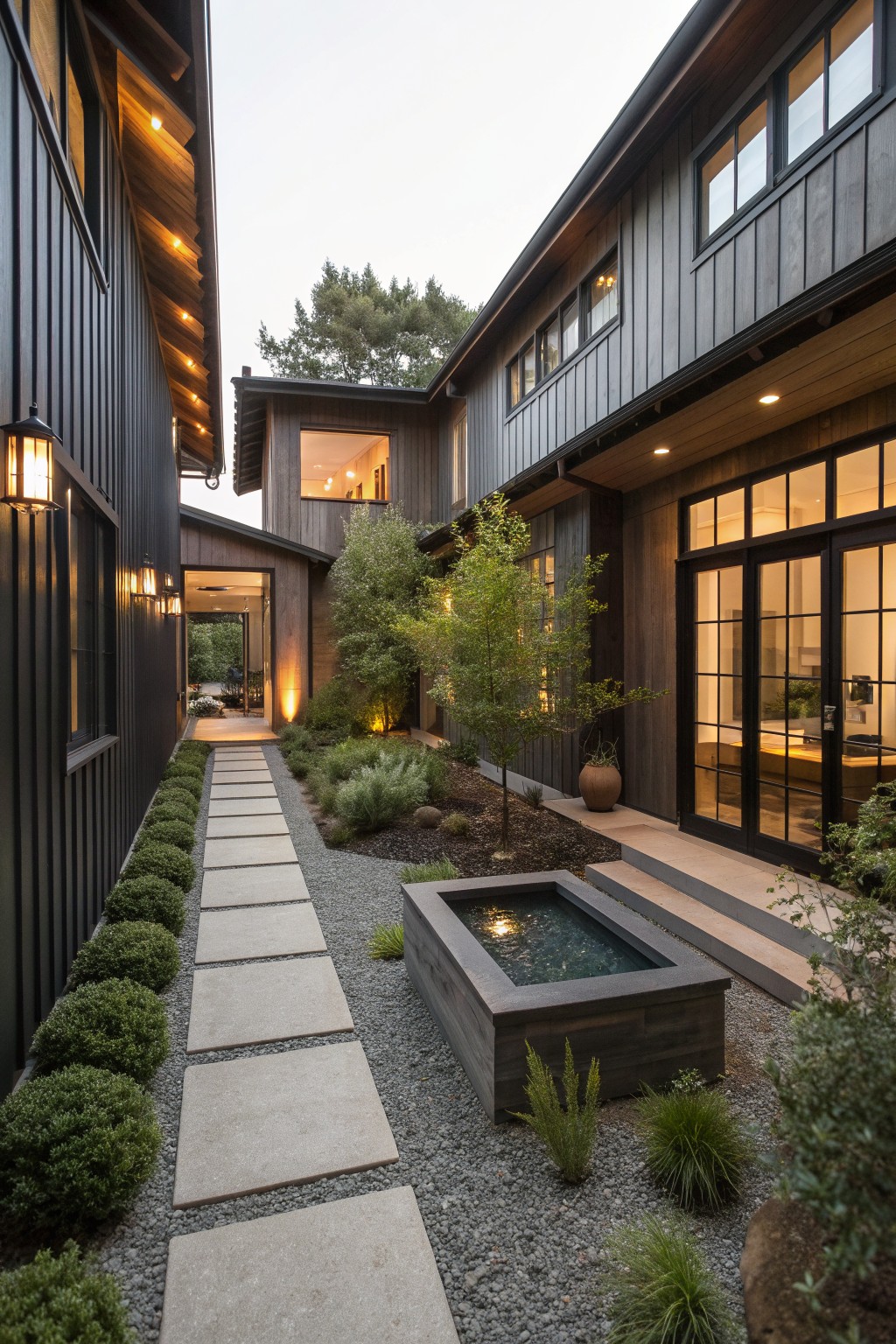 Modern dark wood home courtyard with stone path, gravel, and rectangular water feature at dusk.