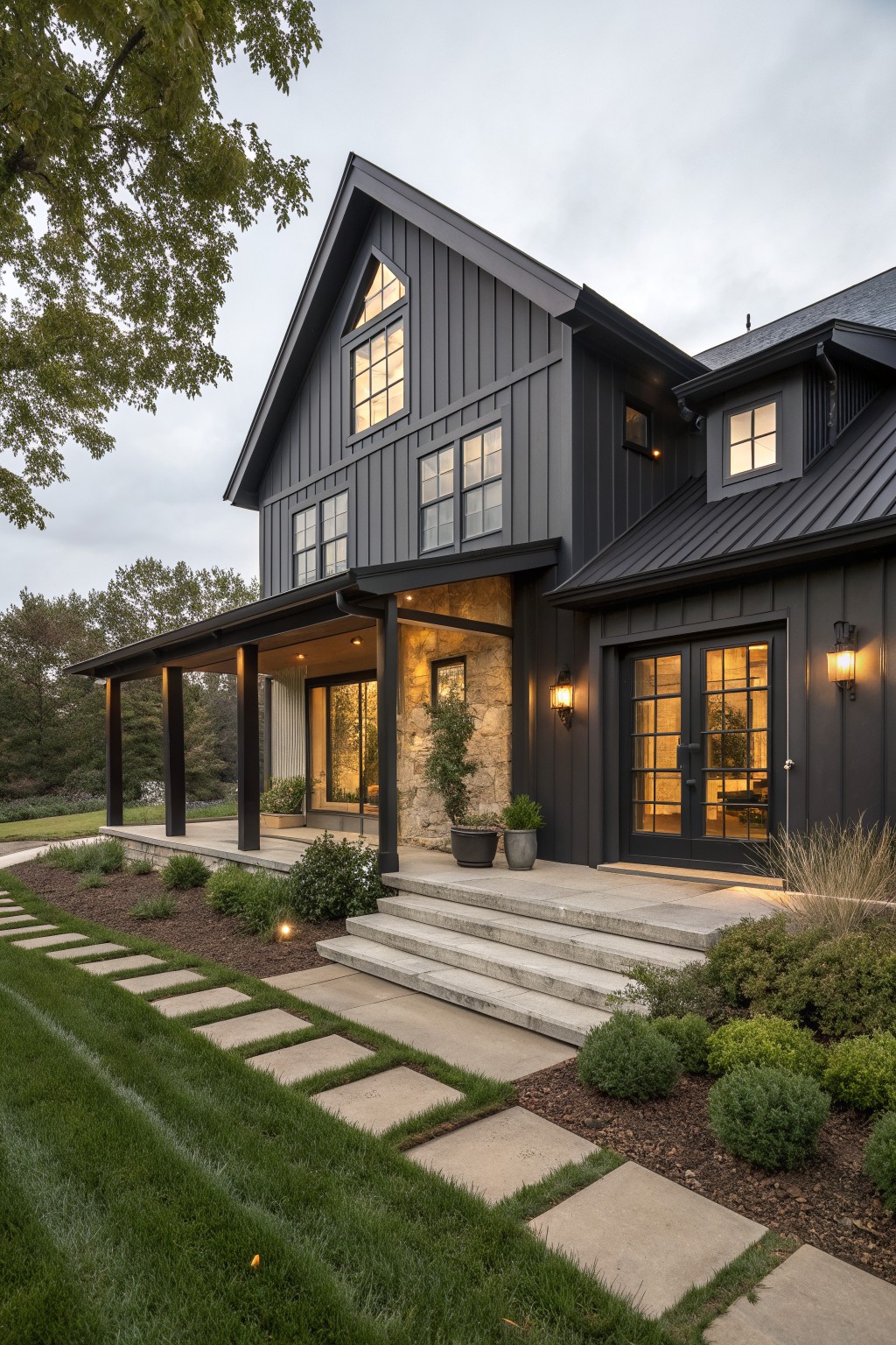 Modern dark gray house with gabled roof, stone porch, steps, and pathway at dusk