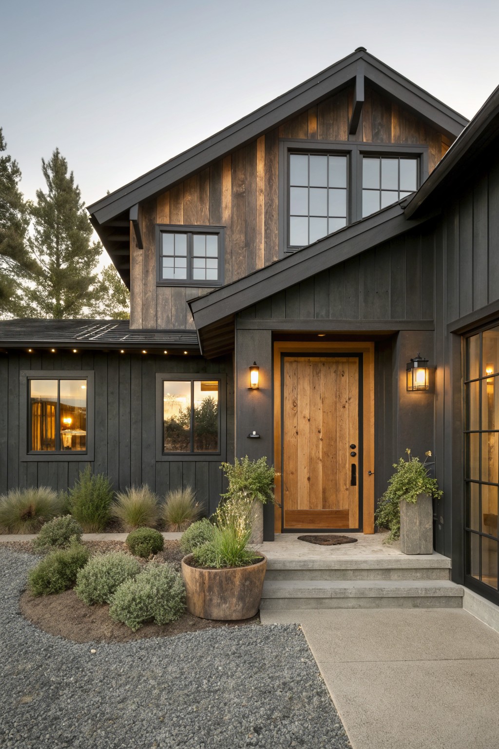 Front view of a dark gray farmhouse exterior with a wooden front door, black framed windows, concrete steps, and potted plants near the entrance.