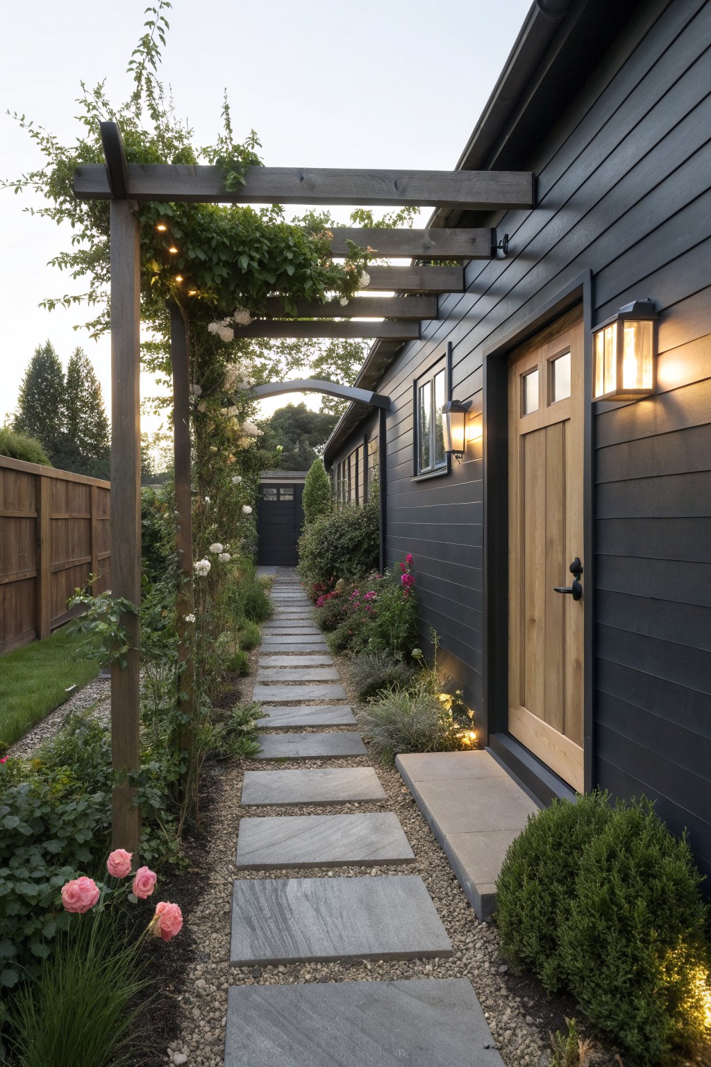 Side view of a single-story house with dark gray siding, a light wood door with two wall sconces, and a stone pathway running under a wooden pergola covered in vines.