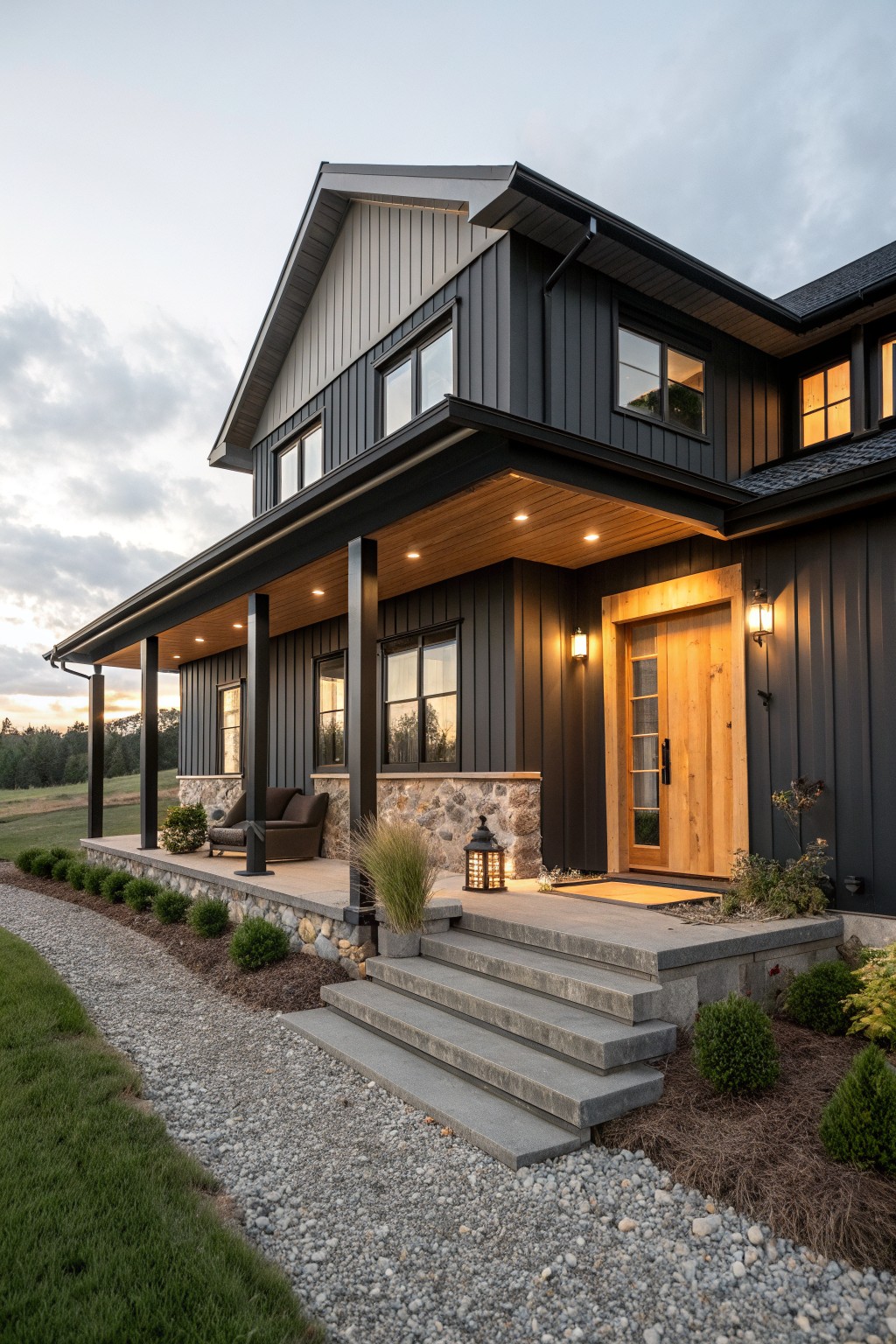 A two-story modern farmhouse exterior with dark siding, stone foundation, wooden front door, covered porch, and concrete steps at dusk.