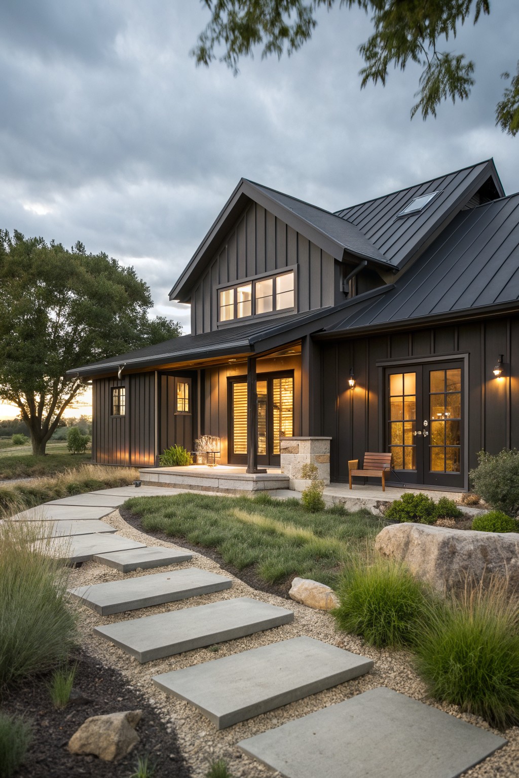 A single story modern farmhouse with dark vertical siding, black metal roof, lit windows, and a concrete stepping stone path through landscaped grass.