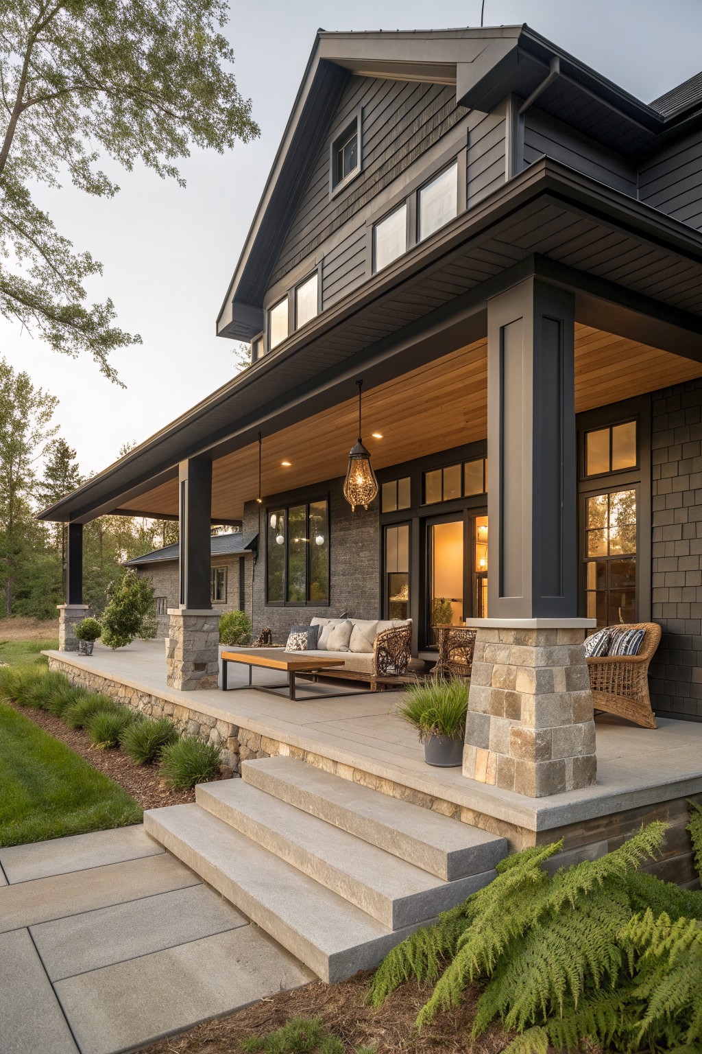 Modern dark house with covered porch, stone pillars, wooden ceiling, and outdoor seating