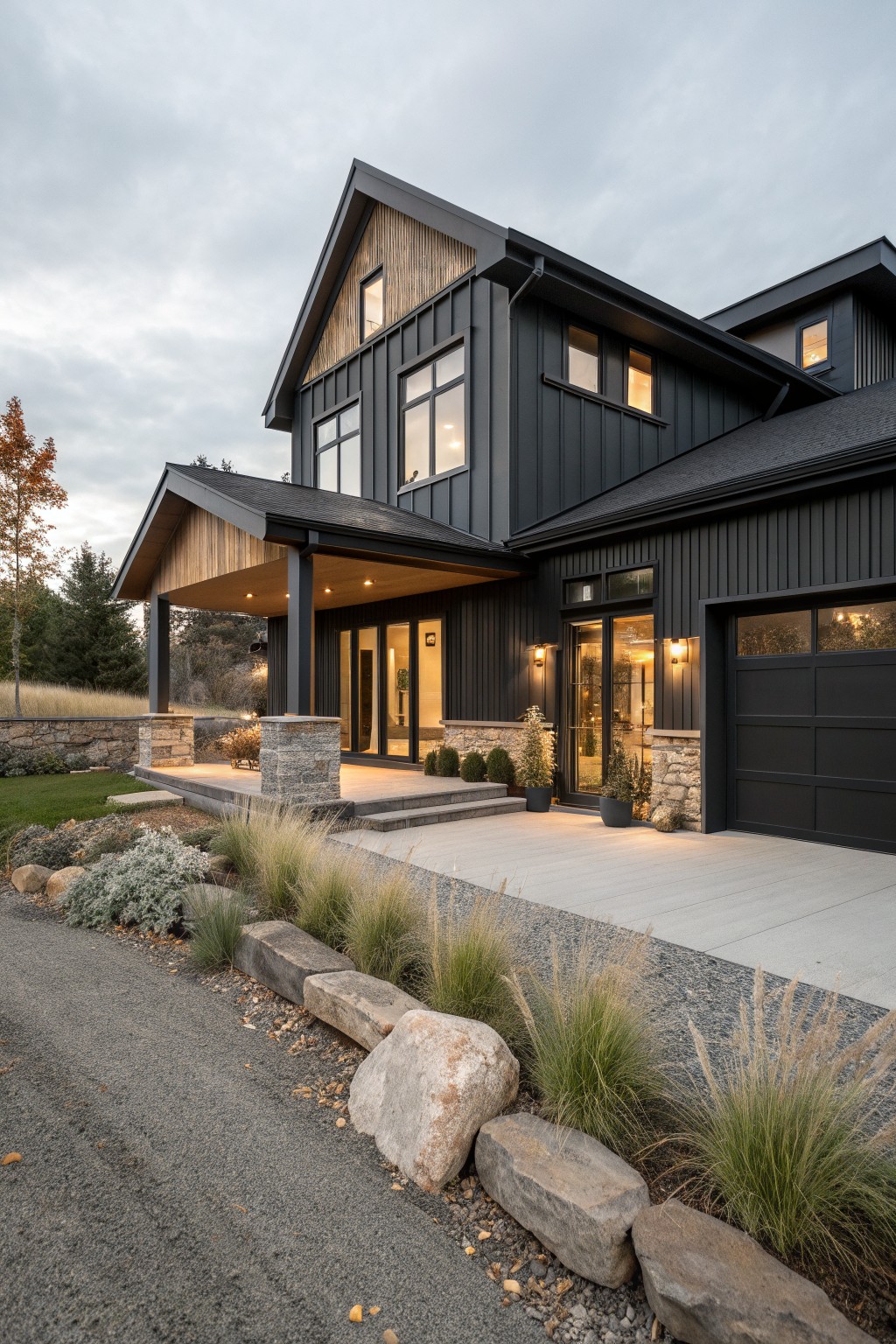 A modern two-story house with black vertical siding, wood accents on the gable, and stone details at the entry and garage.