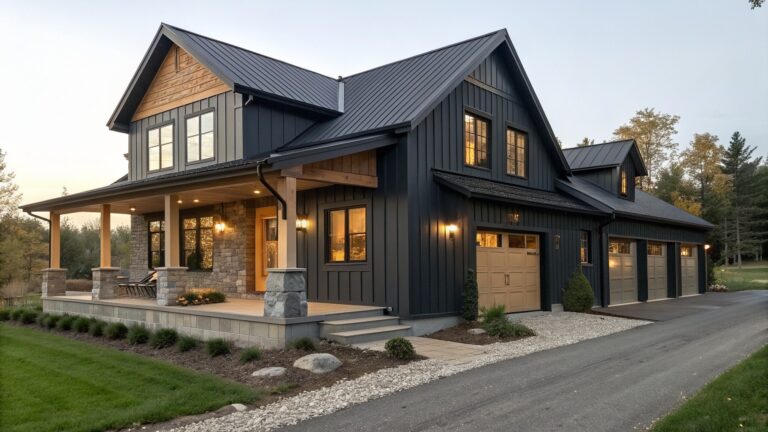 A two-story modern farmhouse exterior with dark siding, stone foundation, wooden front door, covered porch, and concrete steps at dusk.