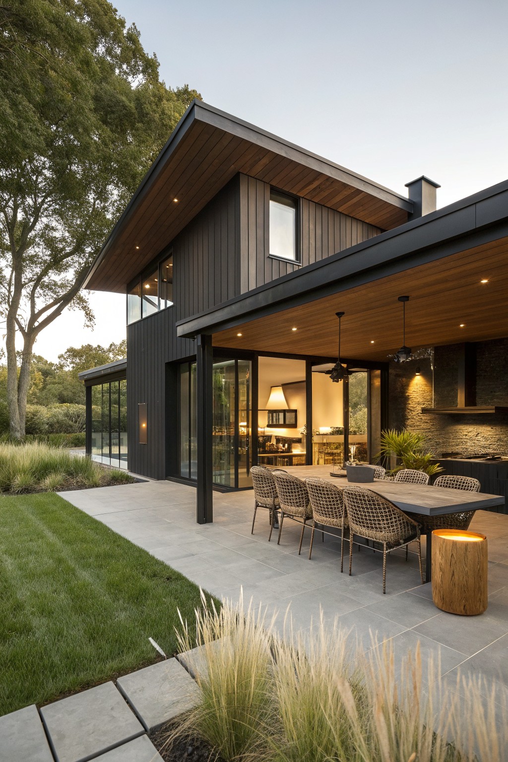 A modern dark house with wood accents and a covered outdoor patio that includes a long dining table, woven chairs, and an adjacent outdoor kitchen.
