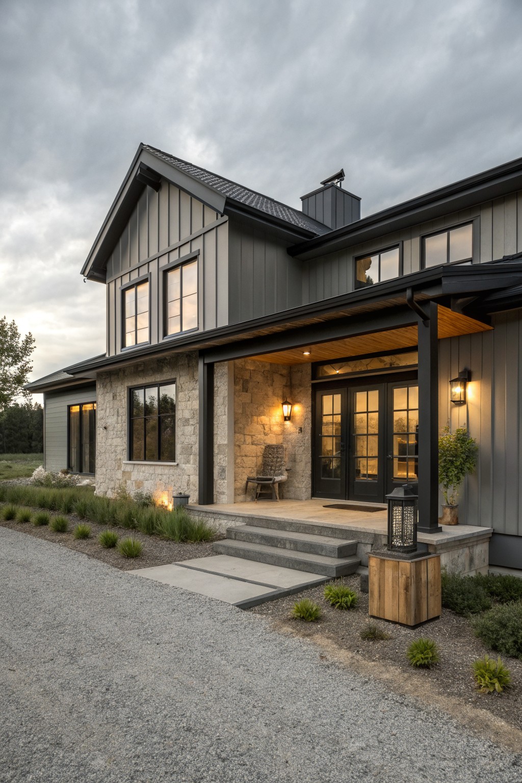 Modern gray farmhouse with stone porch, black double doors, and lit lanterns.
