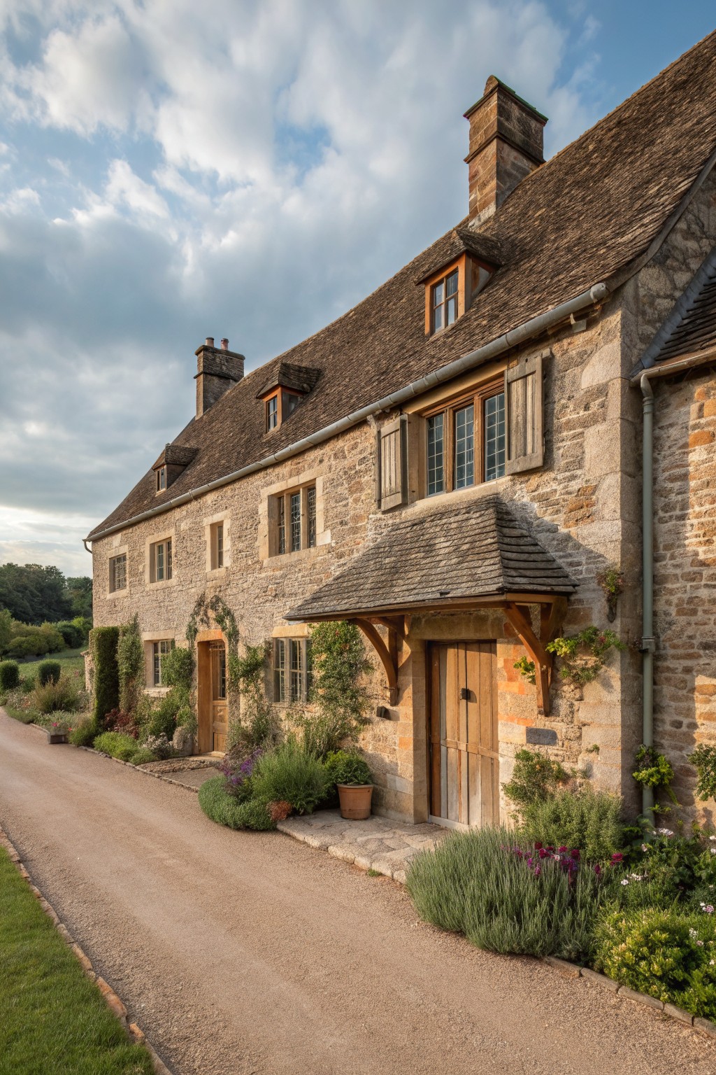 Stone cottage with thatched roof, wooden door, windows, and lush flower garden.