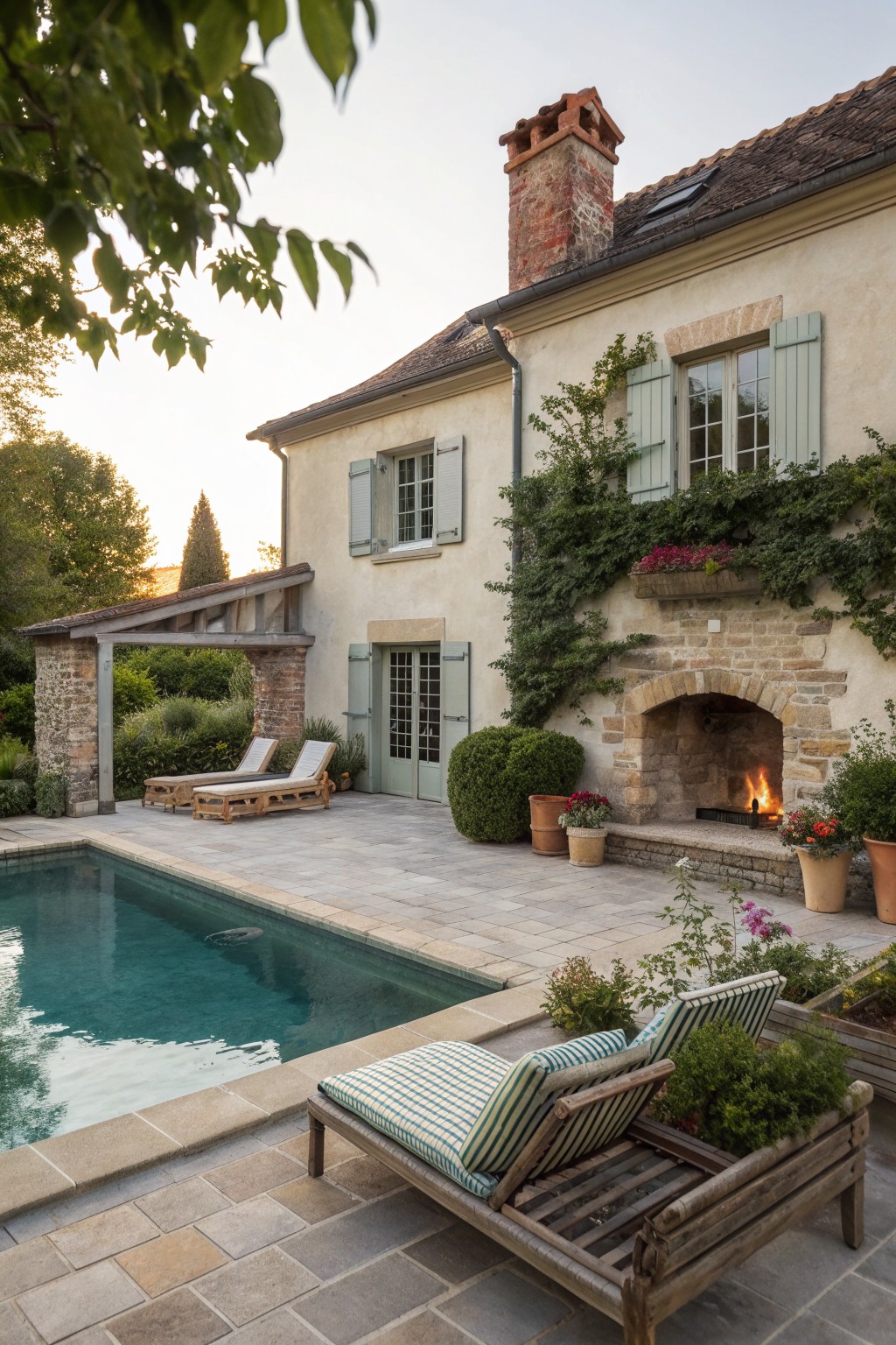 A French country farmhouse exterior with a swimming pool, stone patio, wooden lounge chairs, and a lit outdoor fireplace built into the house wall with climbing vines.
