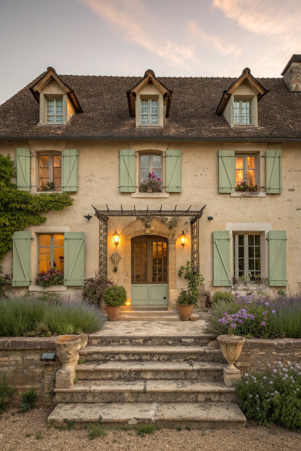 French stone house with green shutters, arched doorway, stone steps, and glowing lanterns