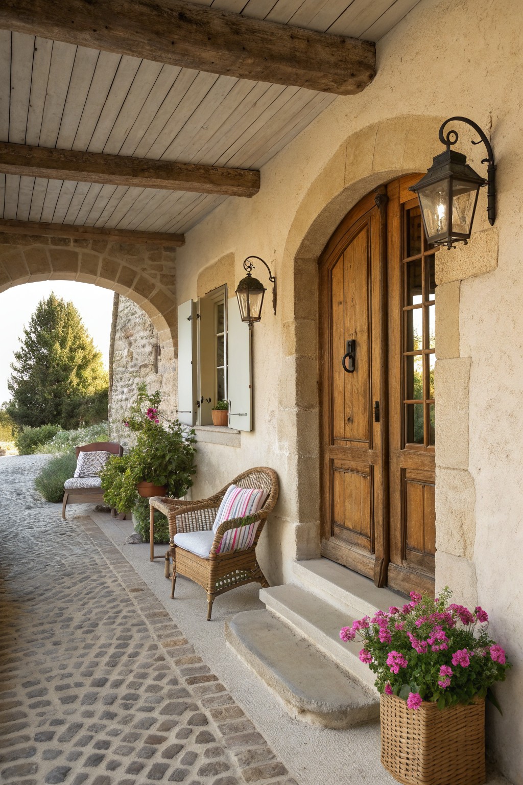 A wooden door set inside a curved stone arch on a rustic farmhouse exterior with steps, potted flowers, and a wicker chair nearby.