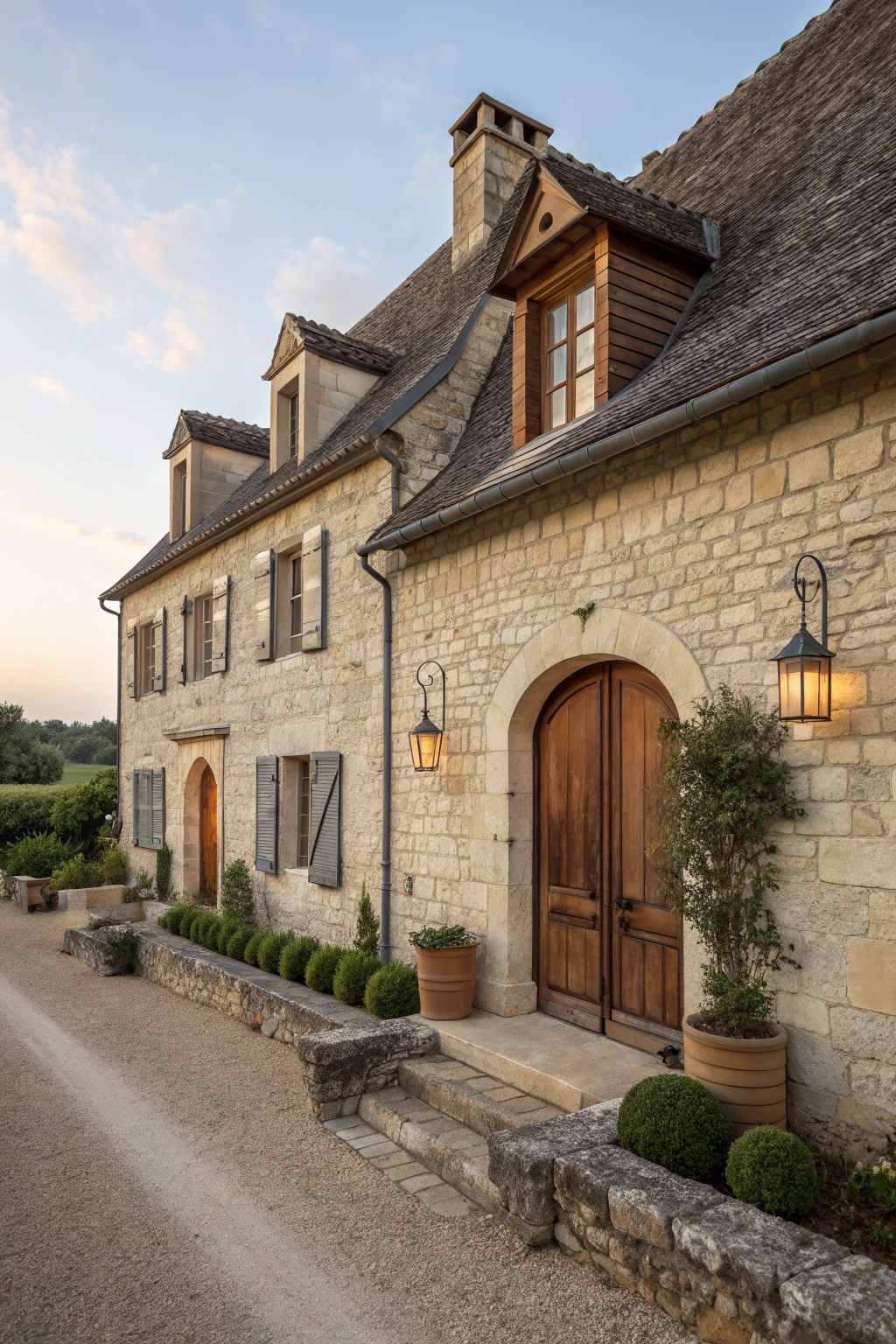 A stone farmhouse exterior featuring an arched wooden double door entry with lanterns, shuttered windows, and a steep roof with dormers.