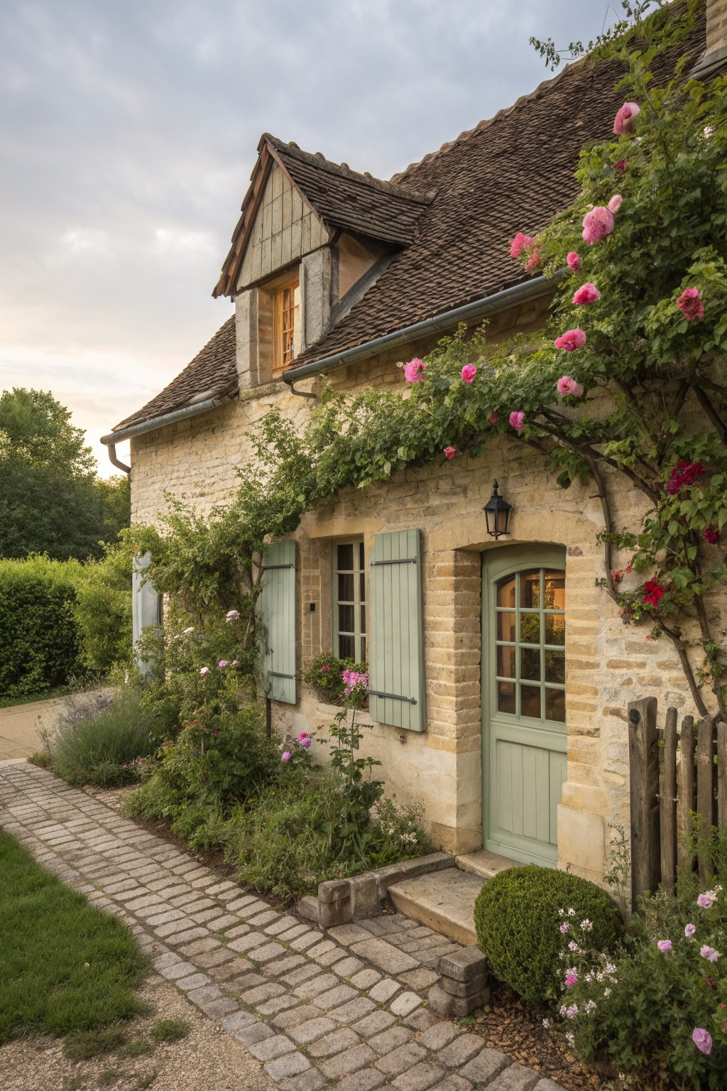 A stone farmhouse exterior featuring a light green door and shutters, with abundant pink climbing roses growing over the walls and roof edge, and a cobblestone path leading to the entrance.