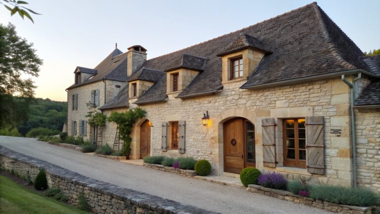 A stone farmhouse exterior featuring an arched wooden double door entry with lanterns, shuttered windows, and a steep roof with dormers.