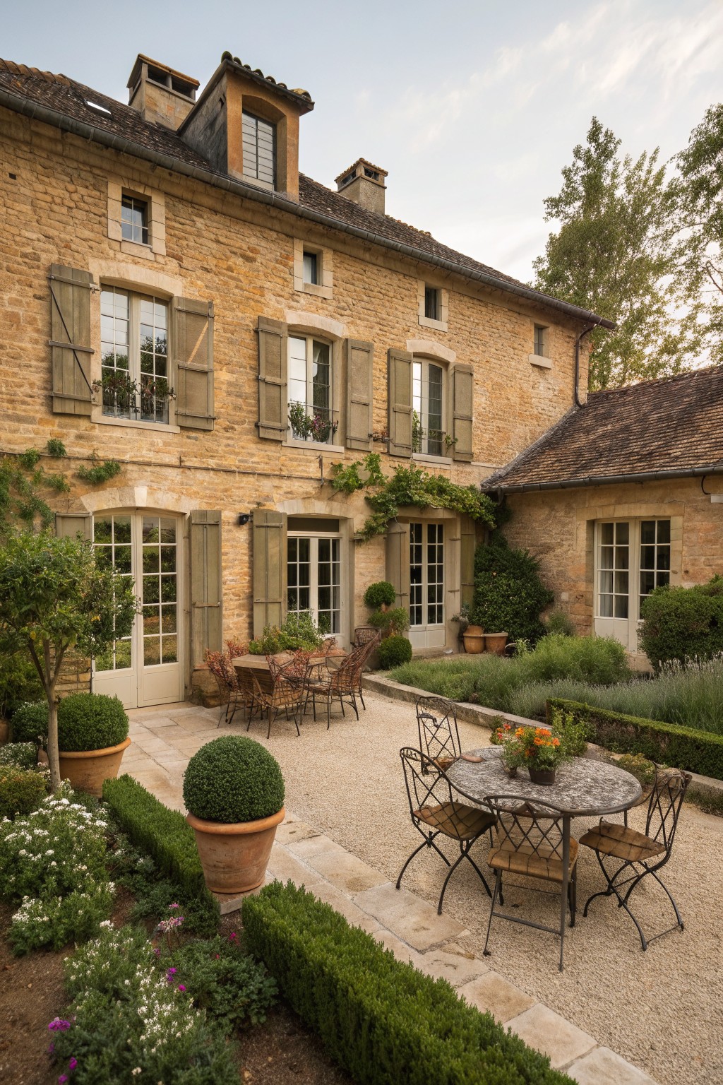 A two-story stone farmhouse with shutters and multiple windows overlooks a gravel courtyard furnished with metal tables, chairs, and potted plants.