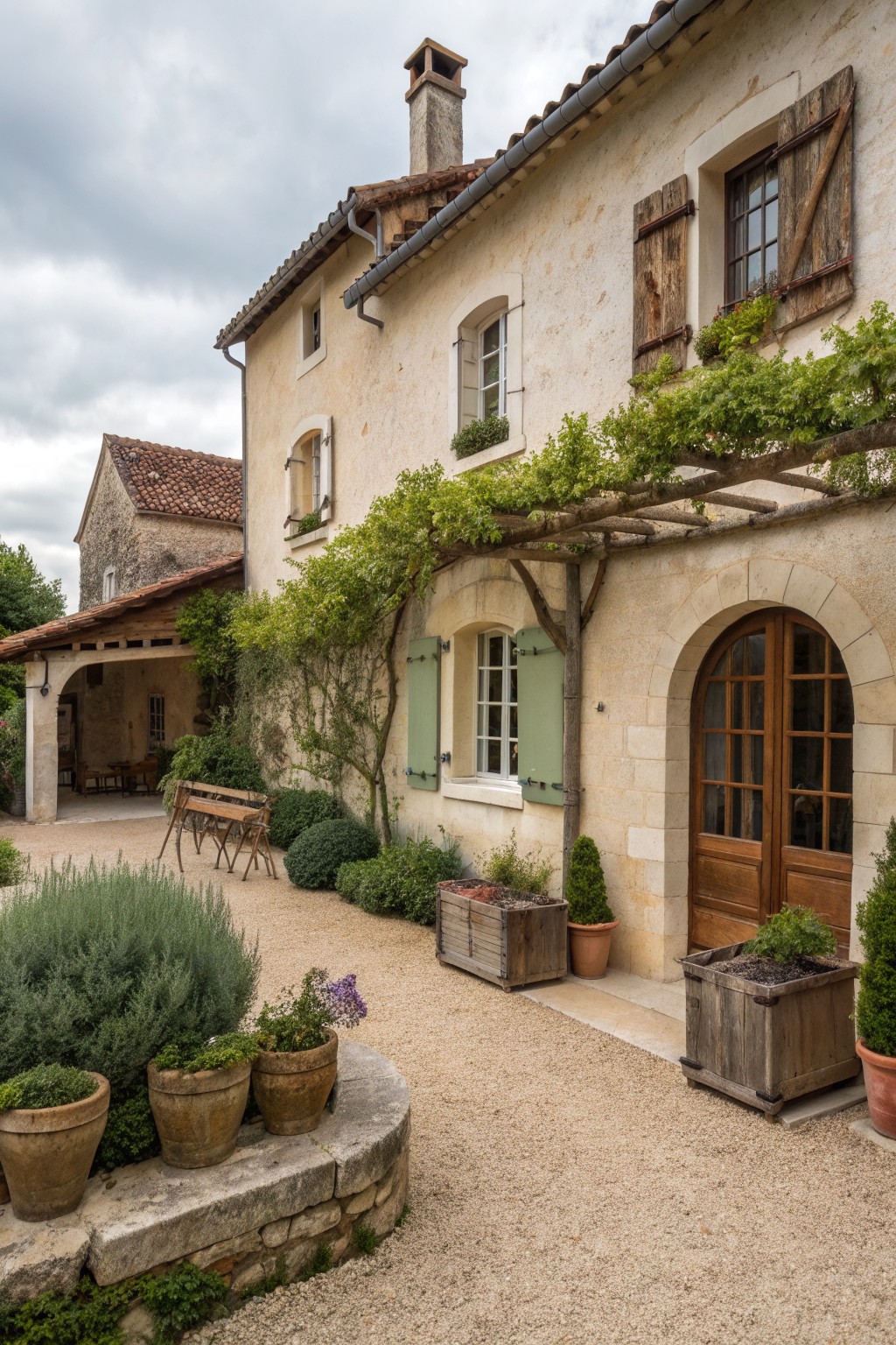 A French country stone and stucco farmhouse exterior with wooden shutters, an arched door, and a long vine-covered wooden pergola beside a gravel courtyard filled with potted plants and shrubs.