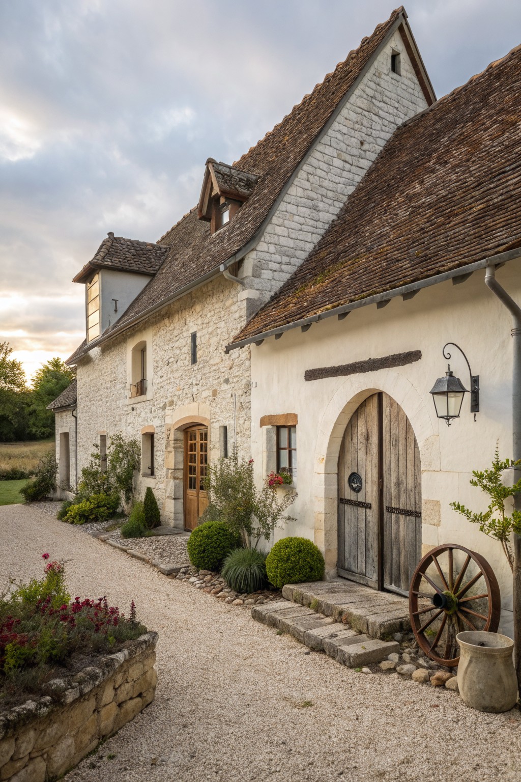 A French country farmhouse exterior features white plaster and stone walls, a large arched wooden door, gravel driveway, and climbing rooflines with surrounding plants.