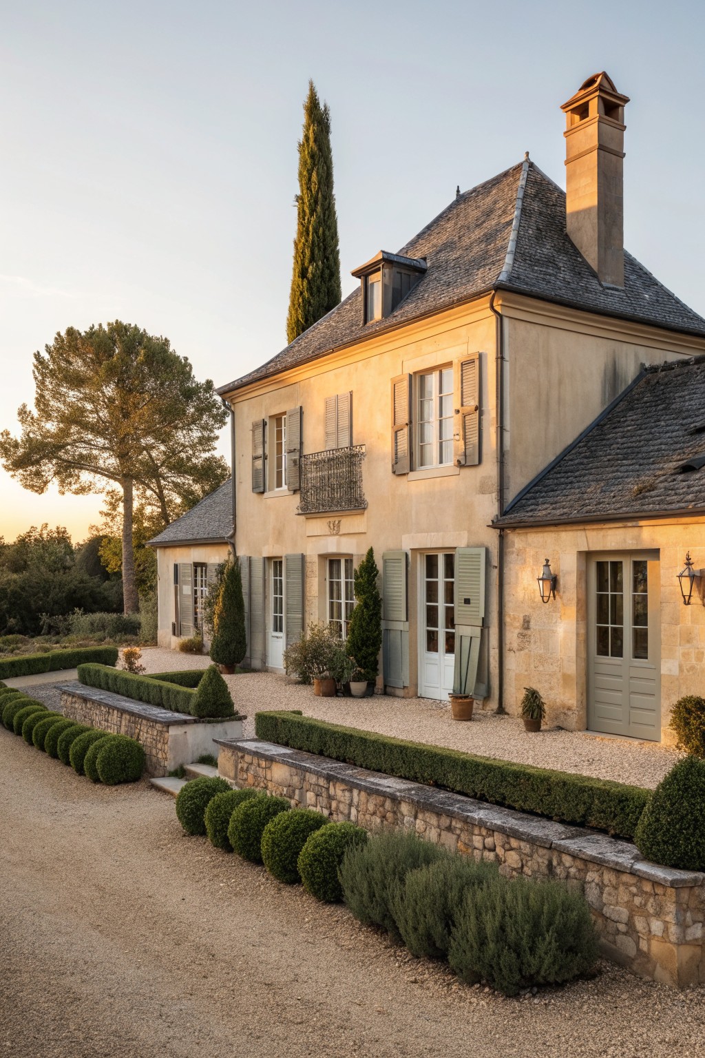 A two-story stone farmhouse with a slate roof, multiple windows fitted with soft green shutters, and gravel landscaping with low hedges.