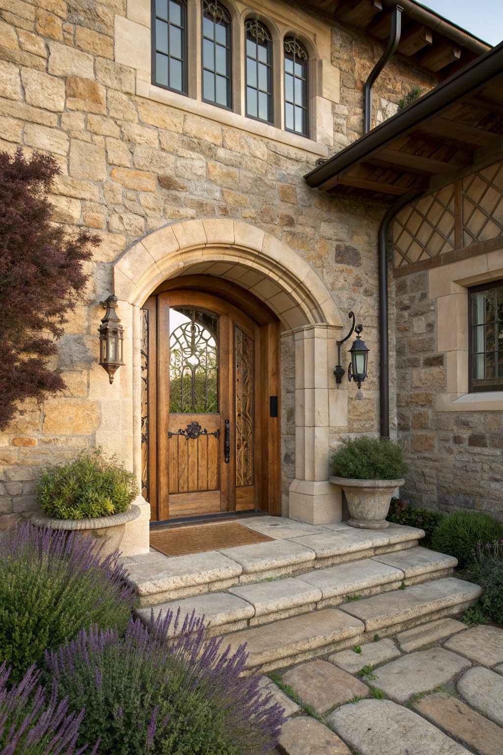 Stone house exterior with an arched wooden front door, lanterns on either side, and stone steps leading up from a paved path.