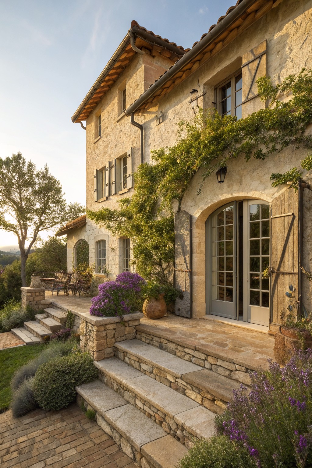 Stone house with arched open doors, climbing vines, shutters, and steps amid purple flowers.