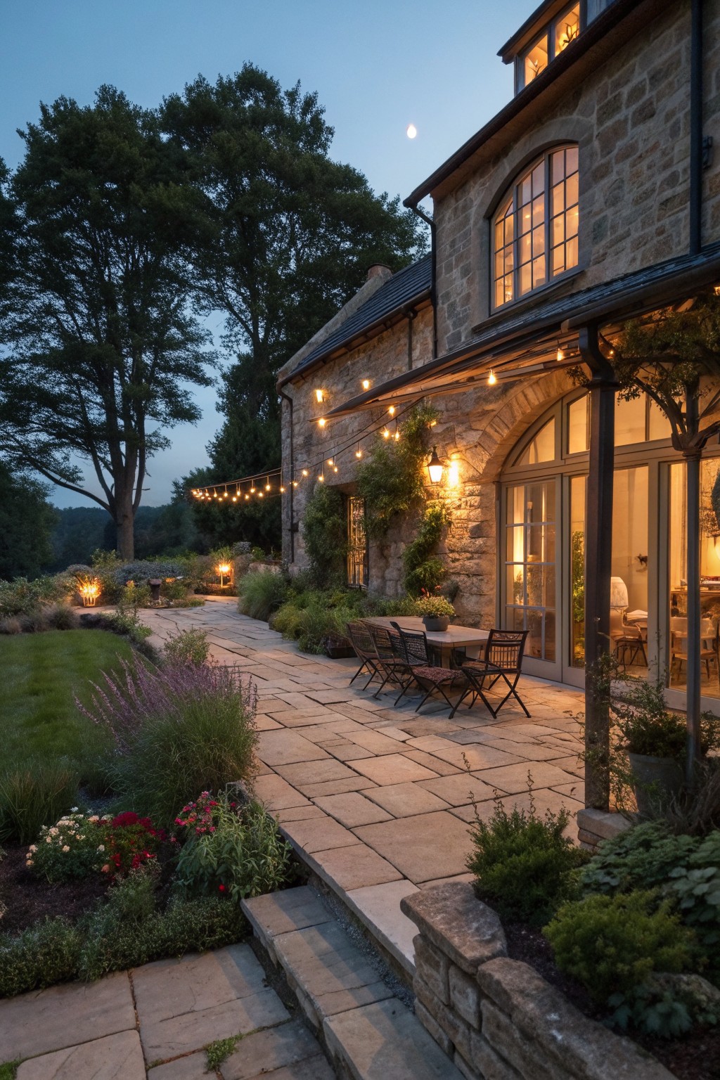 A stone house exterior with a large paved patio, dining table and chairs, string lights along the overhang, and garden beds at dusk.