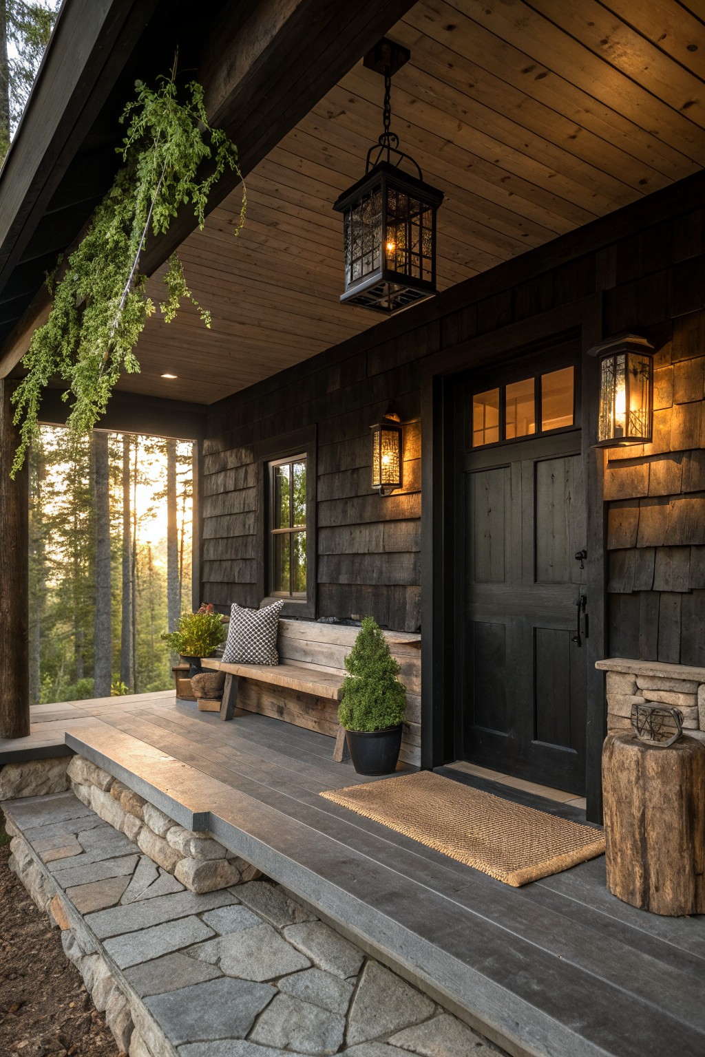 A dark wooden cabin with a covered porch, bench, potted plants, lanterns, and stone steps leading to a wooden door.