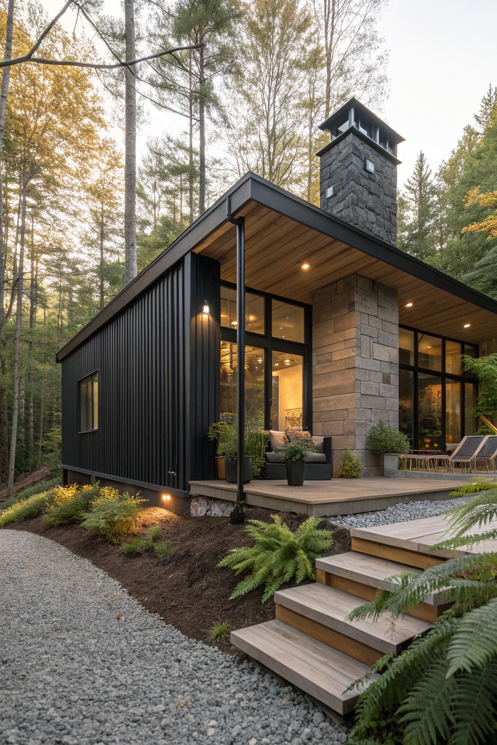 A modern cabin with black corrugated metal siding, a tall stone chimney, large windows, and a wooden deck set among tall trees.
