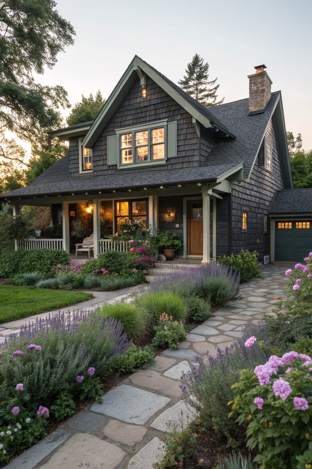 A dark shingled house with light green trim, a stone chimney, and a front porch surrounded by garden beds and a stone pathway.