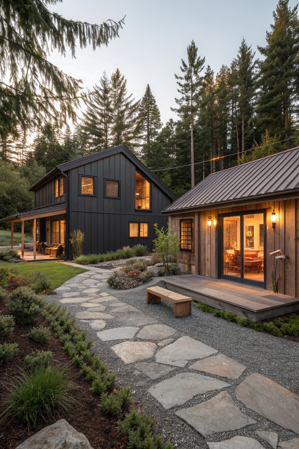 A dark-sided cabin with a gabled roof stands among tall evergreen trees, with a stone path and wooden deck visible in front.
