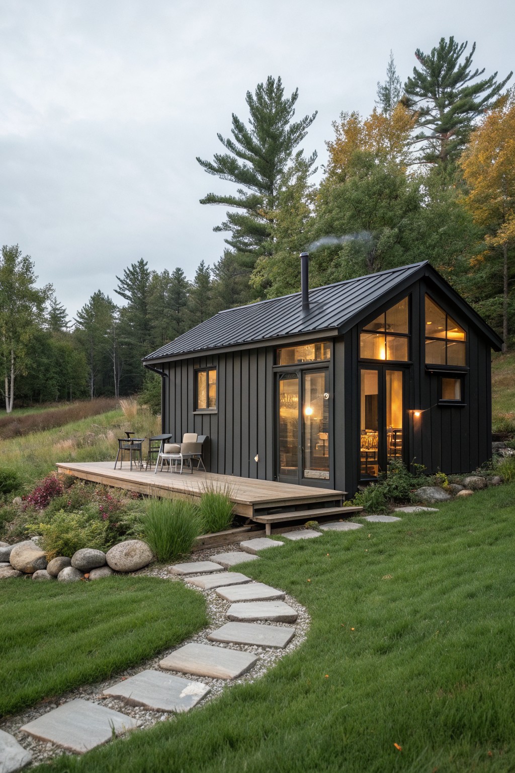 A small black cabin with vertical siding, large windows, and a wooden deck is set among trees with a stone path leading across the lawn.