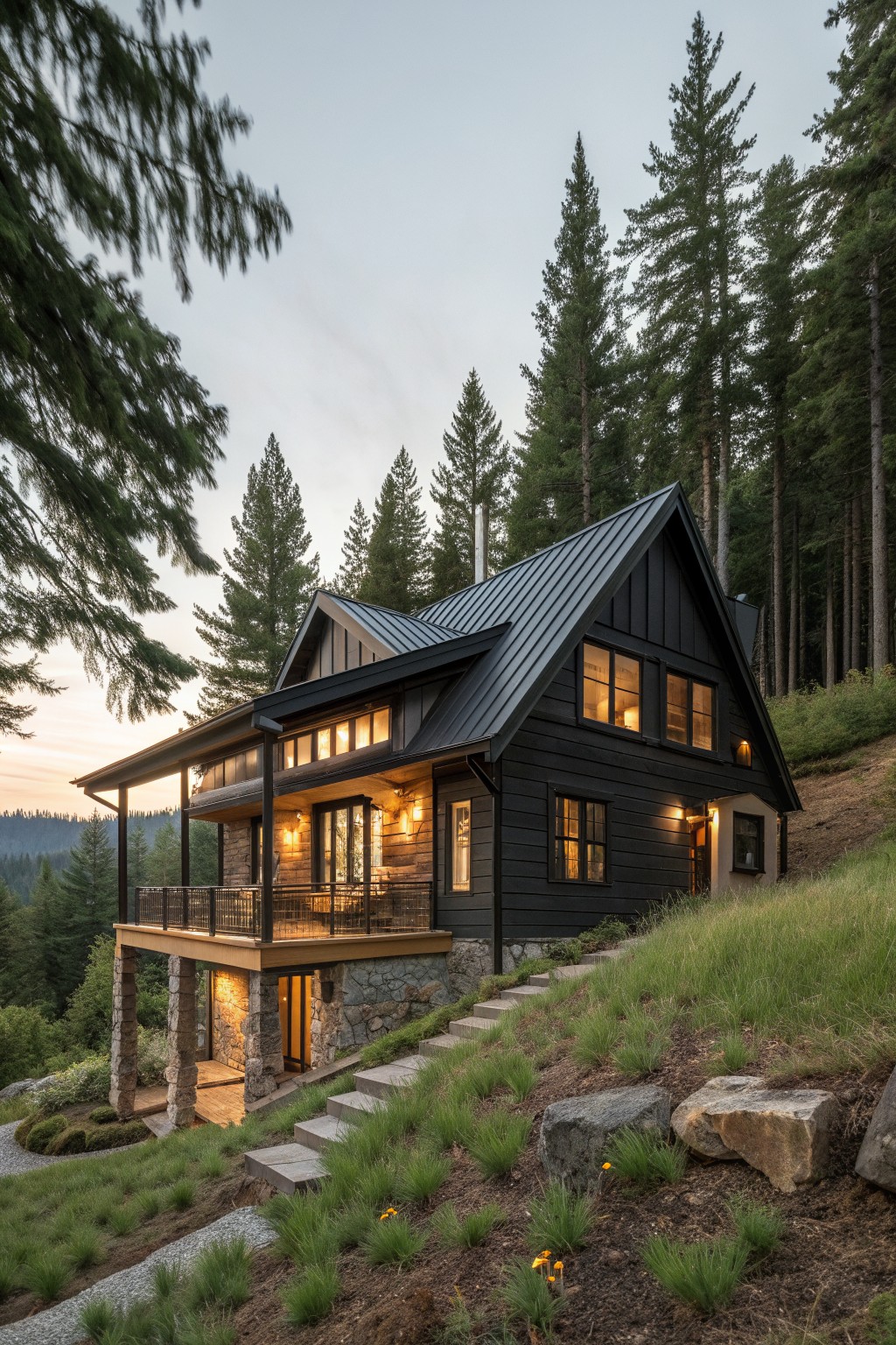 A modern black cabin with a steep metal roof and stone foundation sits on a wooded hillside among tall pine trees.